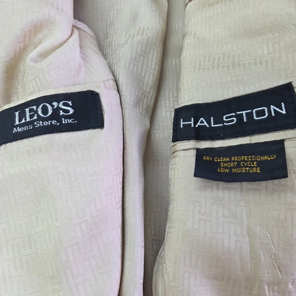 Halston‎ Blazer Men Size 40L Tan Vintage Gold Button Patch Pocket Sport Coat